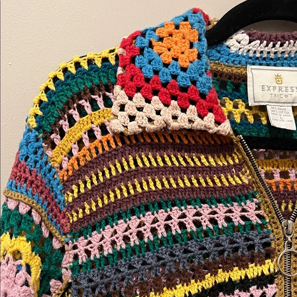 Vintage Express Multicolor Crochet Granny Square Sweater - Picture 3 of 8